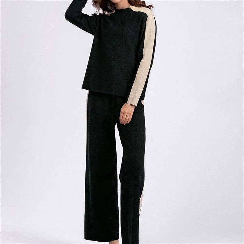 FurDecoration - Vente Ensemble de vêtements d'intérieur – femme - Ensemble de jogging avec pull à col rond et blocs de couleur8