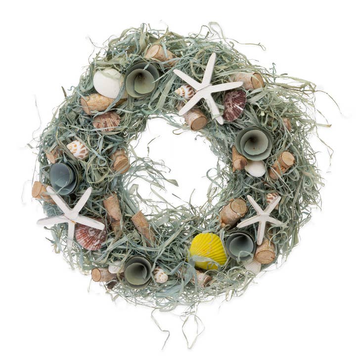 Boston International - Wholesale Wreath - 13" Diameter Seafoam Seagrass Shells Wreath