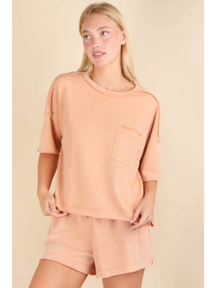 VERY J - Wholesale Activewear Set - Women's - NT12000SET-Mineral Washed Comfy Knit Top & Shorts Set