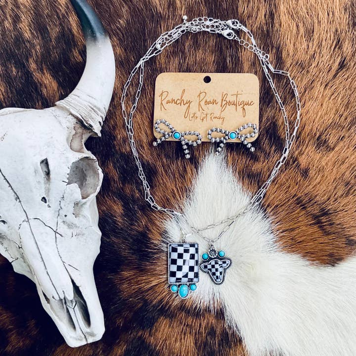 Ranchy Roan Boutique – wholesale Pendant/charm necklace – Western Rectangular Checker Turquoise Necklace