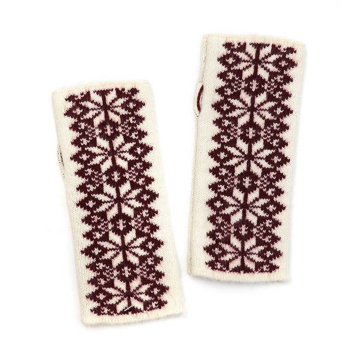 Burgundy and Cream Scandi Starflower Wrist Warmers
for wholesale by Peace Of Mind