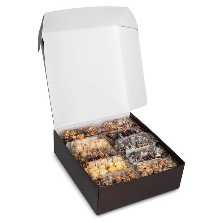 Popinsanity Popcorn & Confections – wholesale Popcorn – Gourmet Popcorn Sampler Gift Box | 10 Flavor Variety Taster