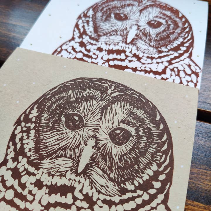 Winter Pickle Press - Wholesale Season's Greetings Card - Handprinted linocut barred owl holiday folded card3