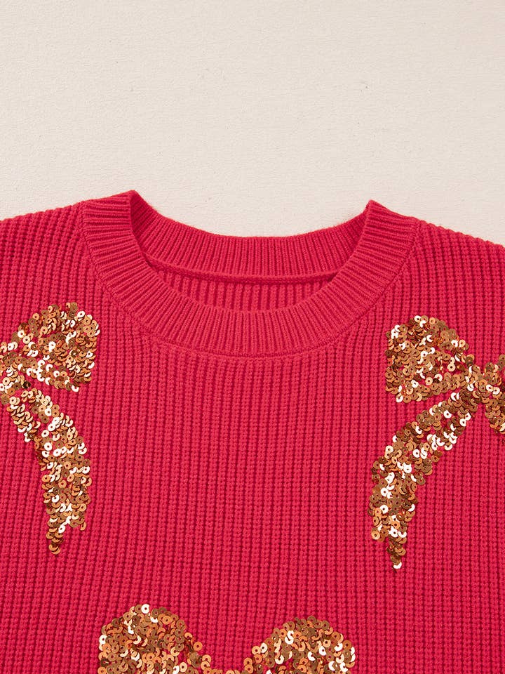 Fiery Red FB Christmas Sequin Bow Drop Shoulder Sweater for wholesale on Faire2