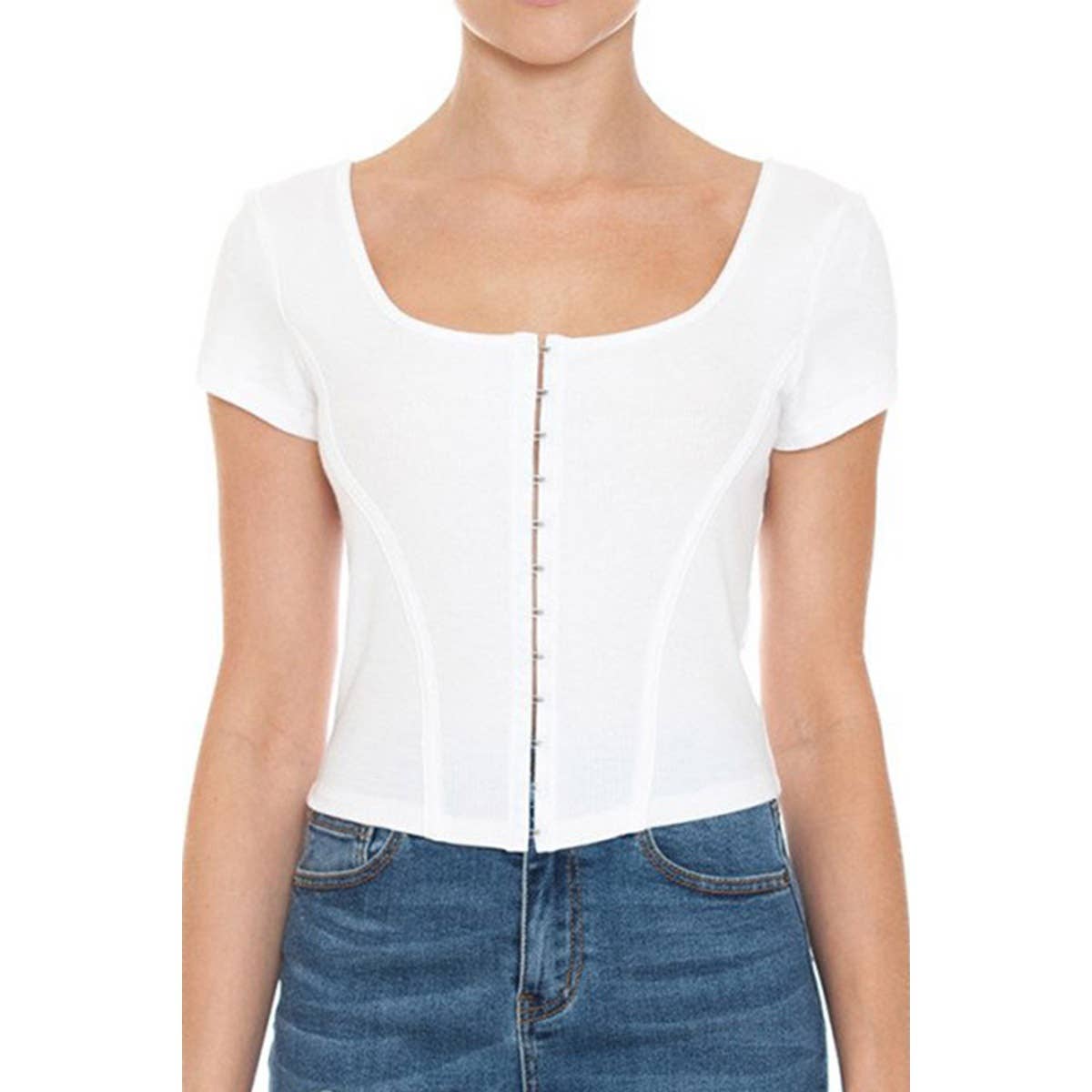 Timeless - Wholesale Knit Top - Women's - SQUARE NECK HOOK AND EYE BUSTIER SHORT SLEEVE TOP1