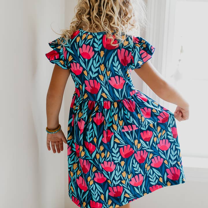 Adorable Sweetness - Wholesale Dress - Kids - Kids Blue Floral Flutter Sleeve Summer Dress4