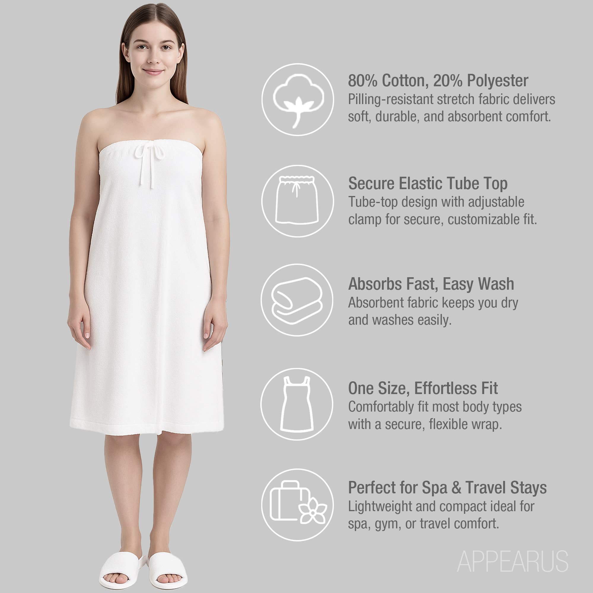 Appearus Products Corp. – wholesale Robe – Women's – Case of 24: Cotton Stretch Terry Spa Wrap - White Drawstring1