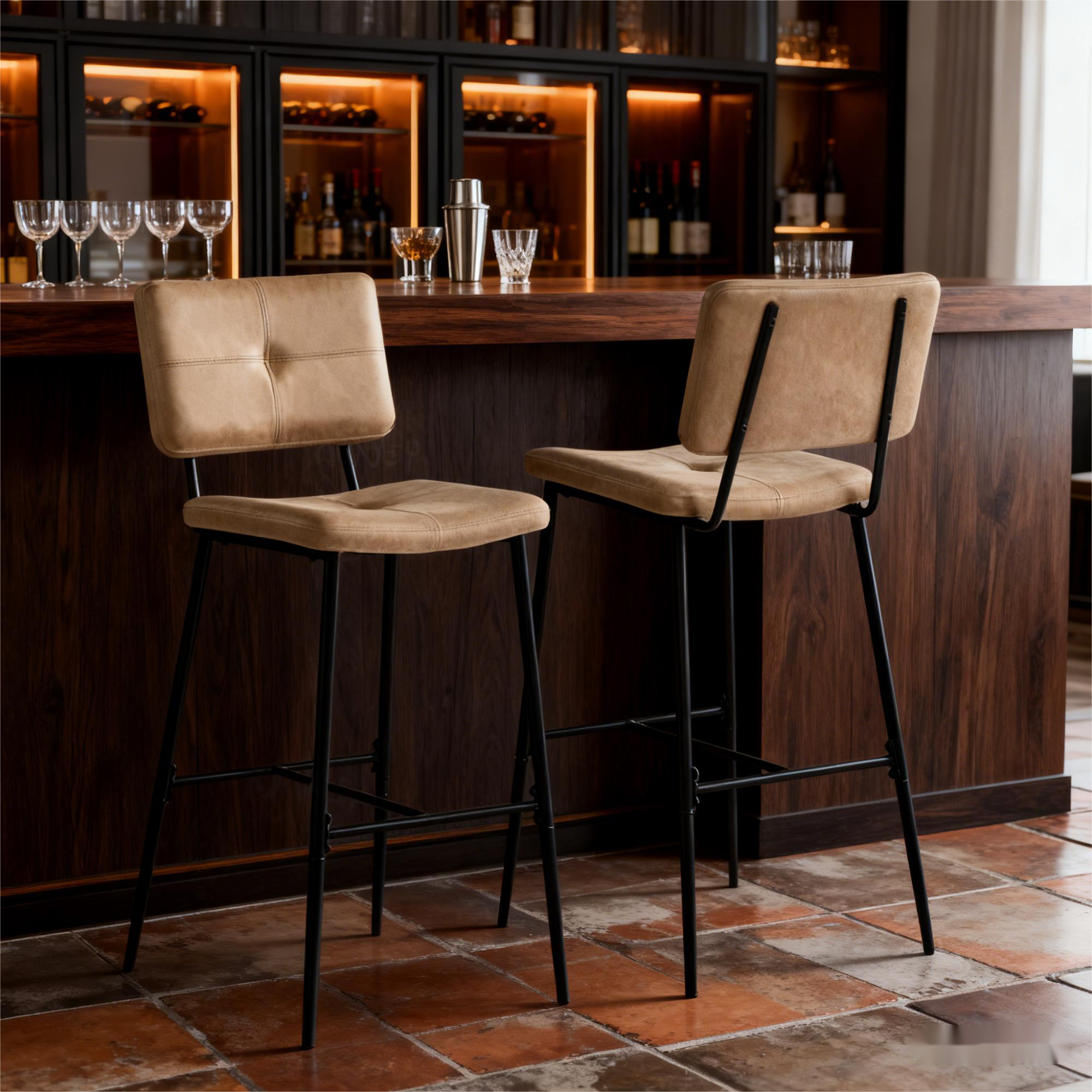 HOMYCASA DESIGN INC - Wholesale Stool - 2 Pcs Industrial Bar Stool & Cognac Faux Leather Upholstery1