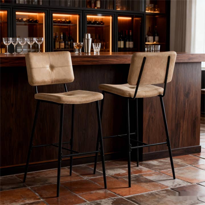 HOMYCASA DESIGN INC - Wholesale Stool - 2 Pcs Industrial Bar Stool & Cognac Faux Leather Upholstery1