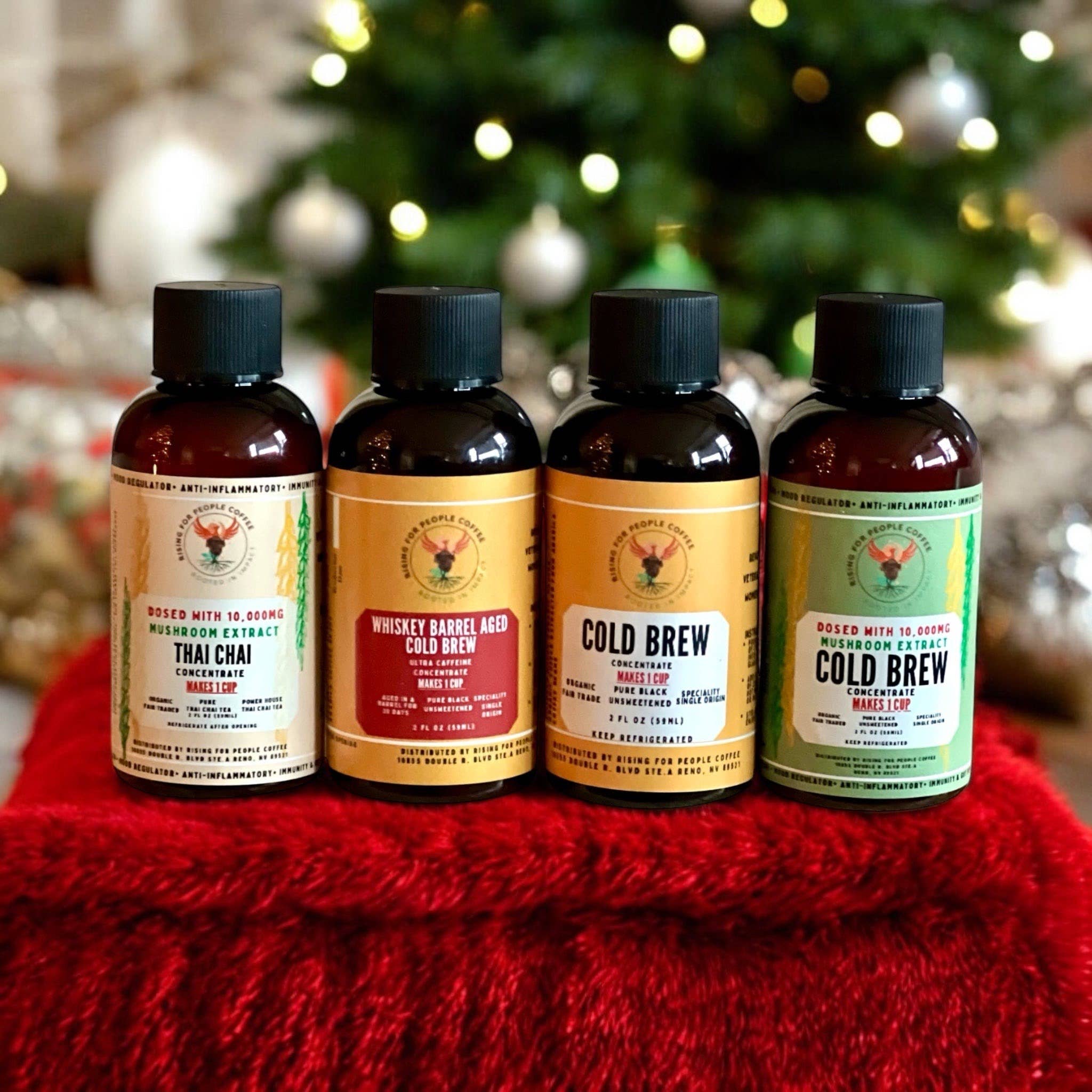 Rising For People Coffee Company - Wholesale Iced Coffee/Cold Brew - 2oz Travel Cold Brew & Thai Chai Tea Concentrates (Set of 4)2