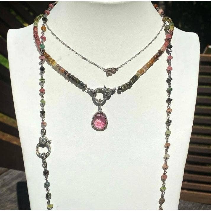 Dainty Watermelon Tourmaline Wire Wrapped Necklace with Diamond Clasp for wholesale by ILISSA MICHELE JEWELRY