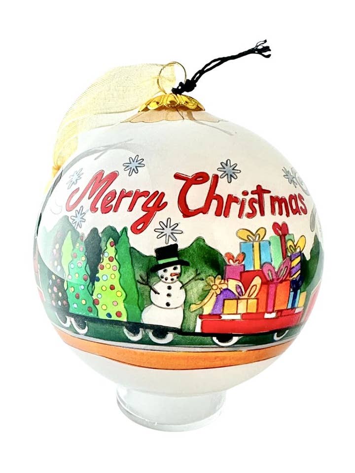 Hand-Painted Glass Ornament - Train Santa for wholesale by Kitty Keller Designs