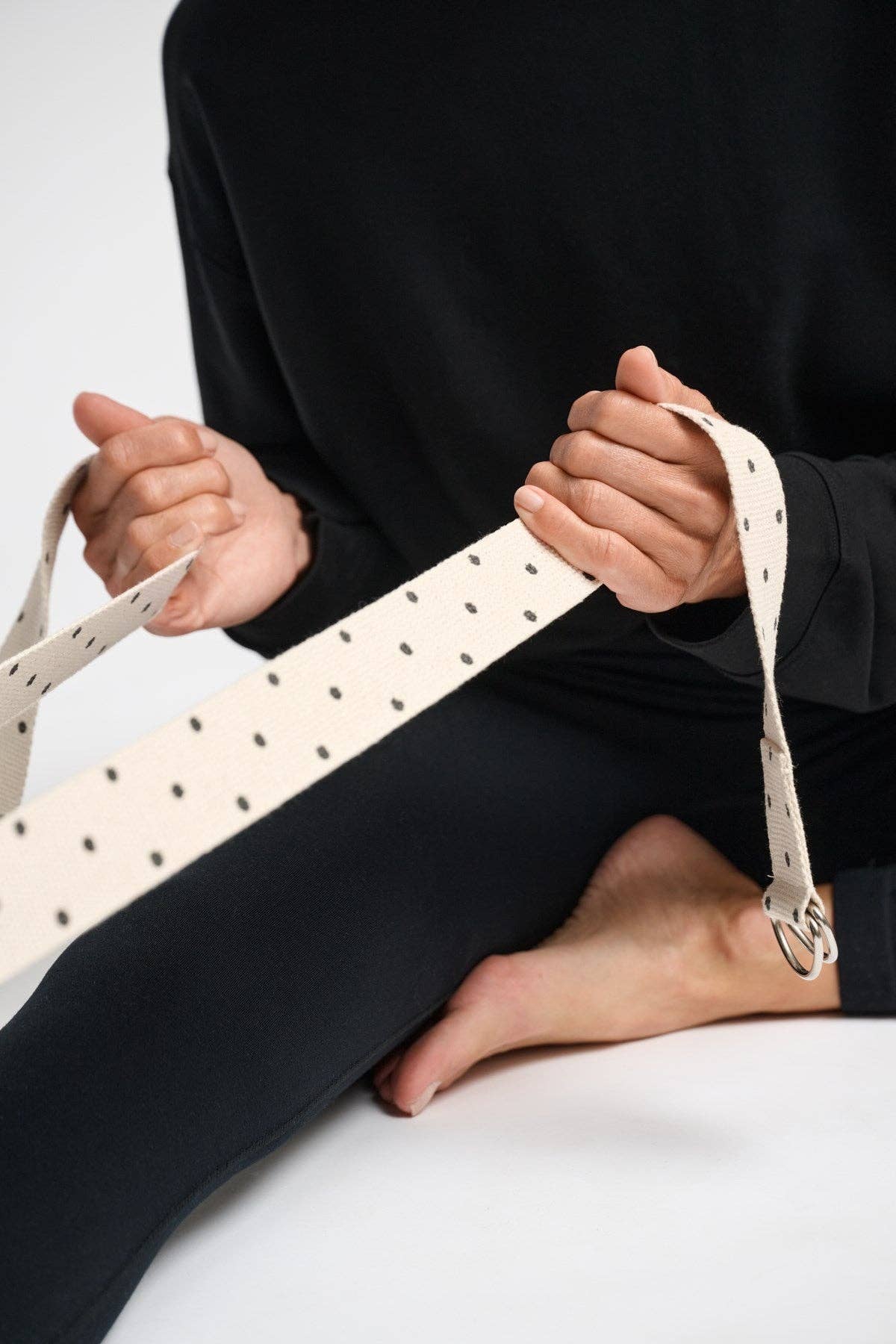 ecru black dots dotted yoga strap for wholesale on Faire1