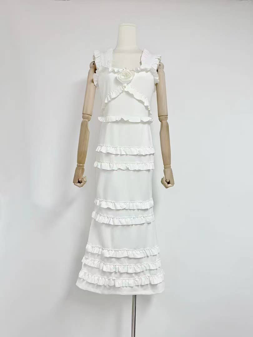 Sanyao Fashion – Vestido comprido - Mulher por atacado – Vestido de Cauda de Sereia com Camadas e Folhos SY497 para Noite de Verão12