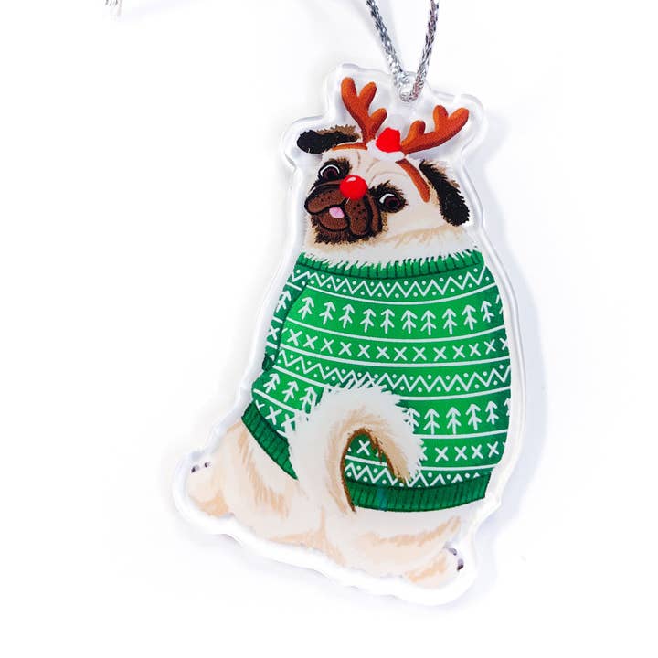 Grappige Rendier Mopshond Kerstornament voor wholesale door Grey Street Paper