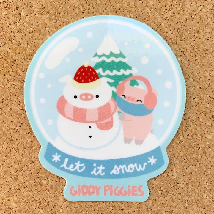 Giddy Piggies Snowglobe Glossy Sticker for wholesale by Giddy Piggies