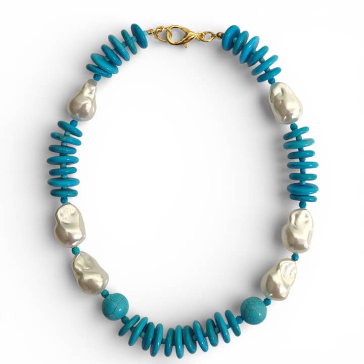 Beaded Turquoise & Pearl Necklace | Summer Statement Jewelry for wholesale by Bijoux Envie Statement Jewelry