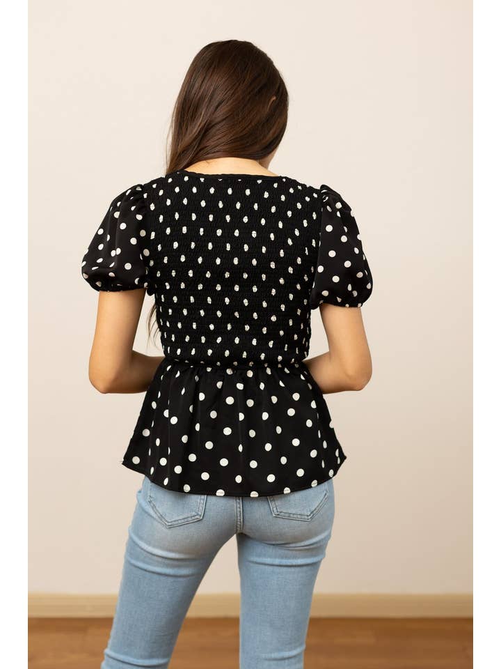 Black Polka Dot Smocked Blouse for wholesale on Faire