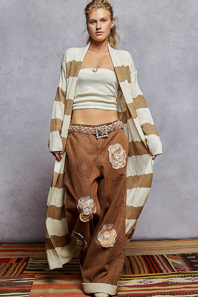 CRÈME/MOKA Veste cardigan maxi à manches longues avec détail de rayures contrastées en vente sur Faire5