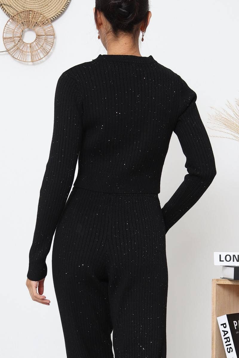 DIX-ONZE - Vente Ensemble haut et pantalon (PAS d'intérieur) - Femme - Ensemble Maille Côtelée – Top Longue Manche & Pantalon5