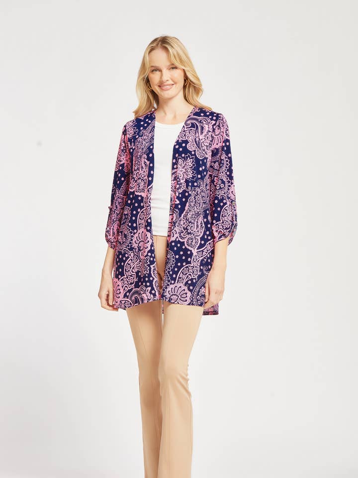 Navy Pink Lizzy Cardigan Wrinkle Free With Tab 3/4 Sleeves for wholesale on Faire