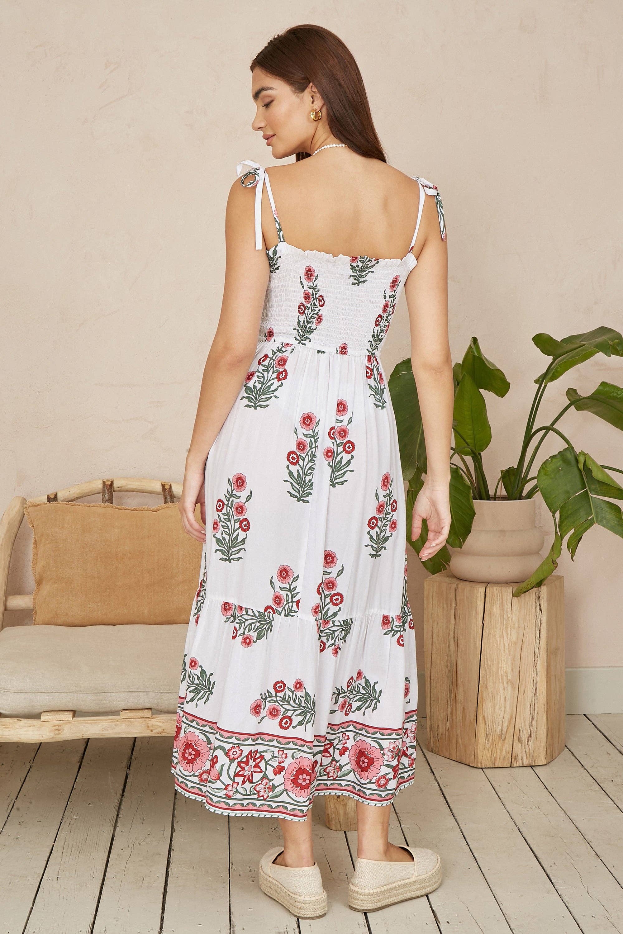 Yumi White Floral Printed Smocked Midi Dress for wholesale on Faire2