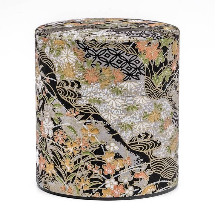 Japanese Chazutsu - 江東堂 Kotodo - Black White Orange Floral Washi Wrapped Metal Tea Canister - 150g for wholesale by Tezumi