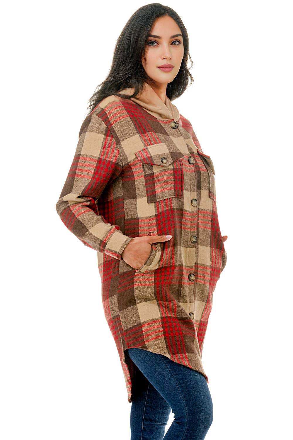 Color 5 - Wholesale Shirt Jacket/Shacket - Women's - Red beige plaid flannel long shacket with hoodie and pockets2