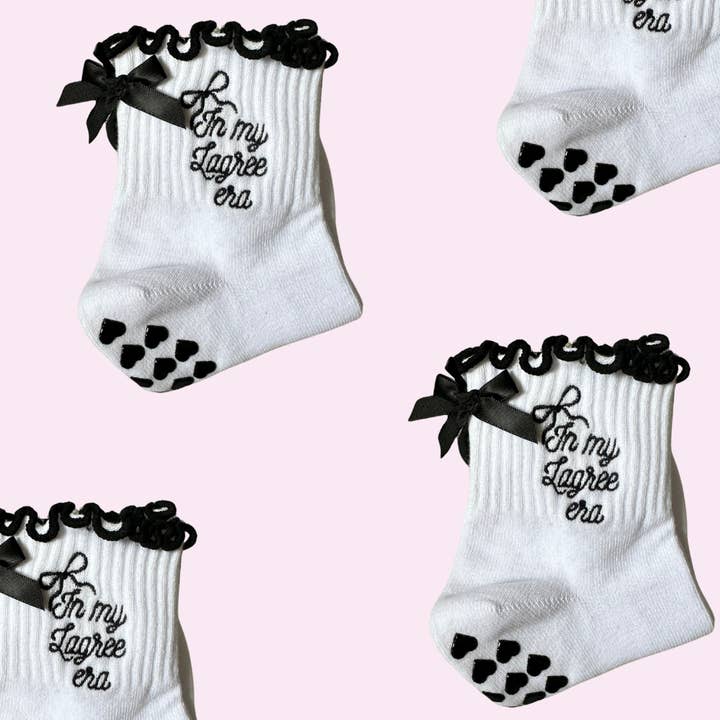 In my lagree era black ruffle grip sock  for wholesale by MollyGraceGripSocks