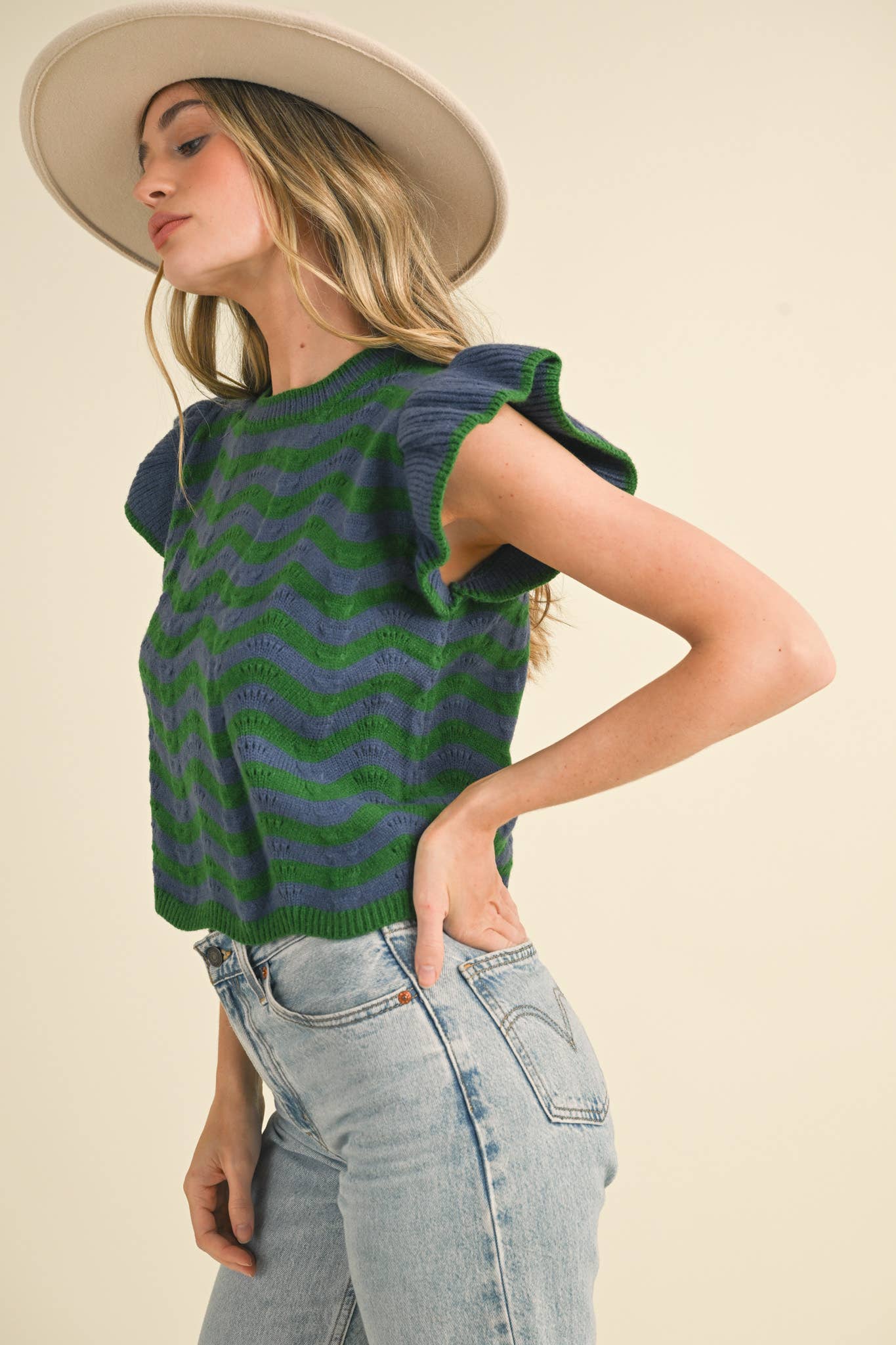 &MERCI - Wholesale Knit Sweater - Women's - WAVY STRIPES FLUTTER SLEEVE SWEATER TOP MSW1050988