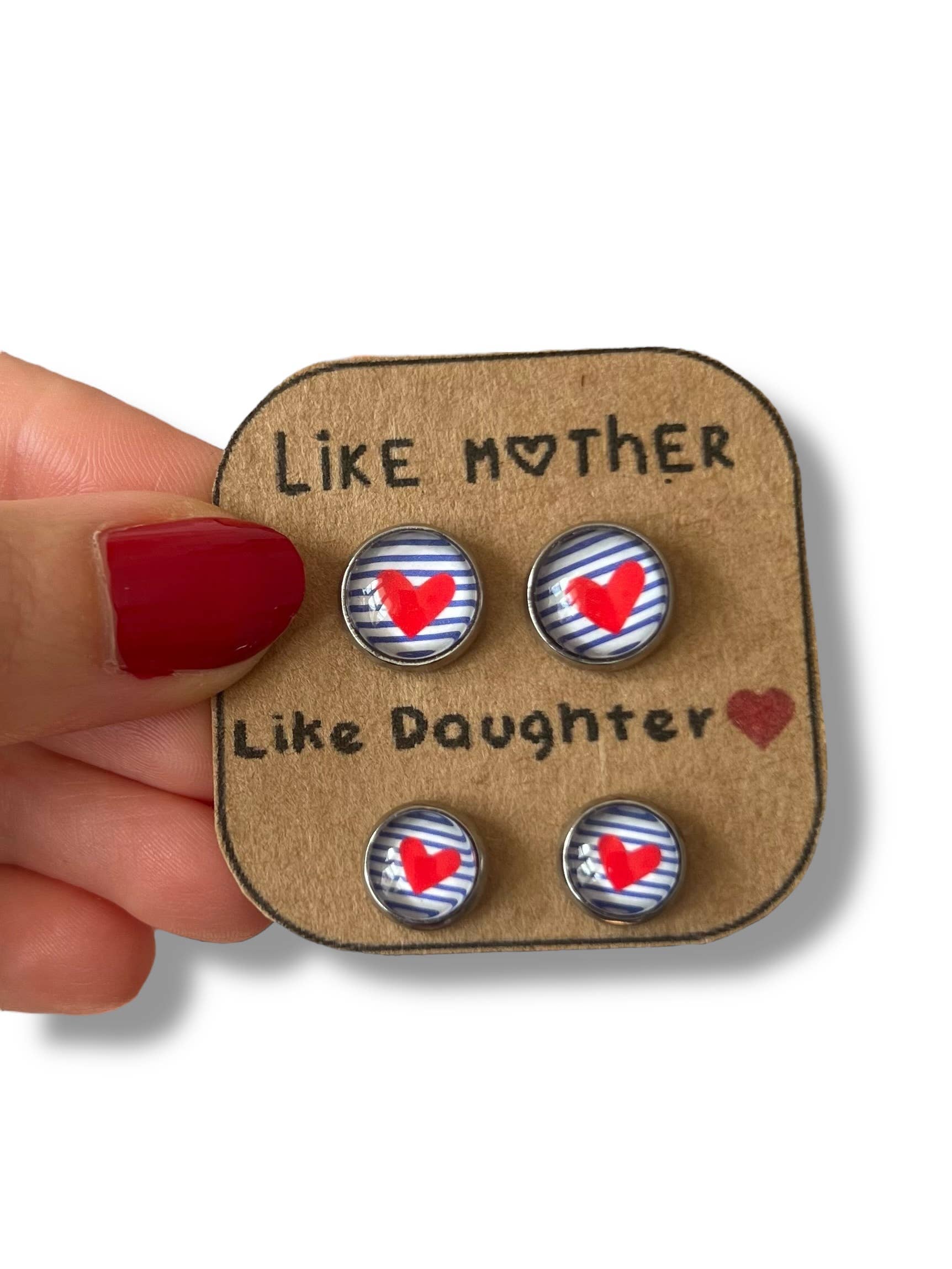Dans l'Air du Temps Bijoux - Wholesale Stud/Post Earrings - Mother/Daughter Earrings Red Hearts and Blue Stripes1