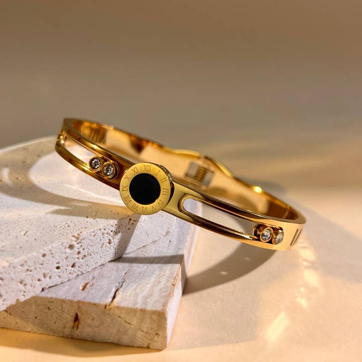 COSMOS - Wholesale Cuff Bracelet - Round Roman numerals & sliding rhinestones bracelet – Steel0