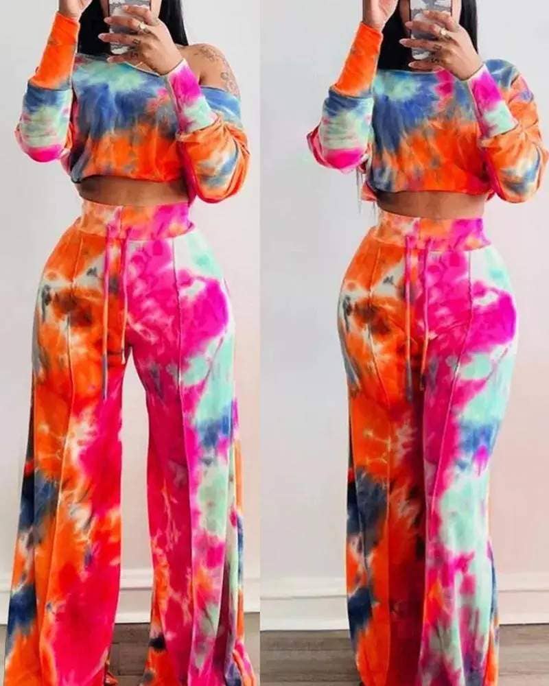 MULTICOLOR tie dye print top drawstring flared pants set for wholesale on Faire2