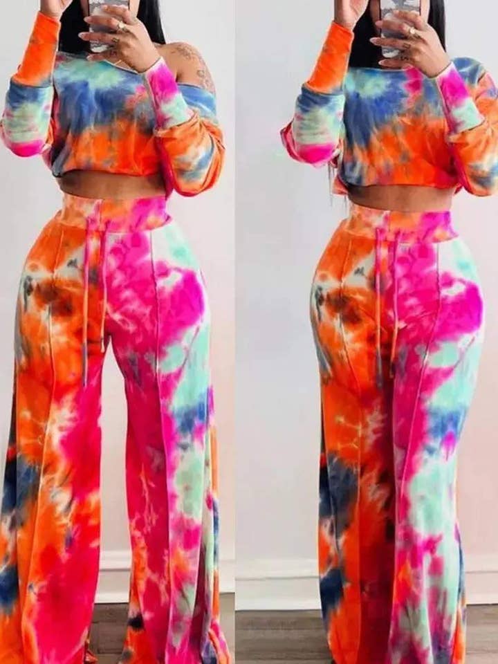 MULTICOLOR tie dye print top drawstring flared pants set for wholesale on Faire2