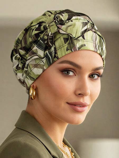 Pleated Bow Cap Green Brown Abstract for wholesale by Turban Plus