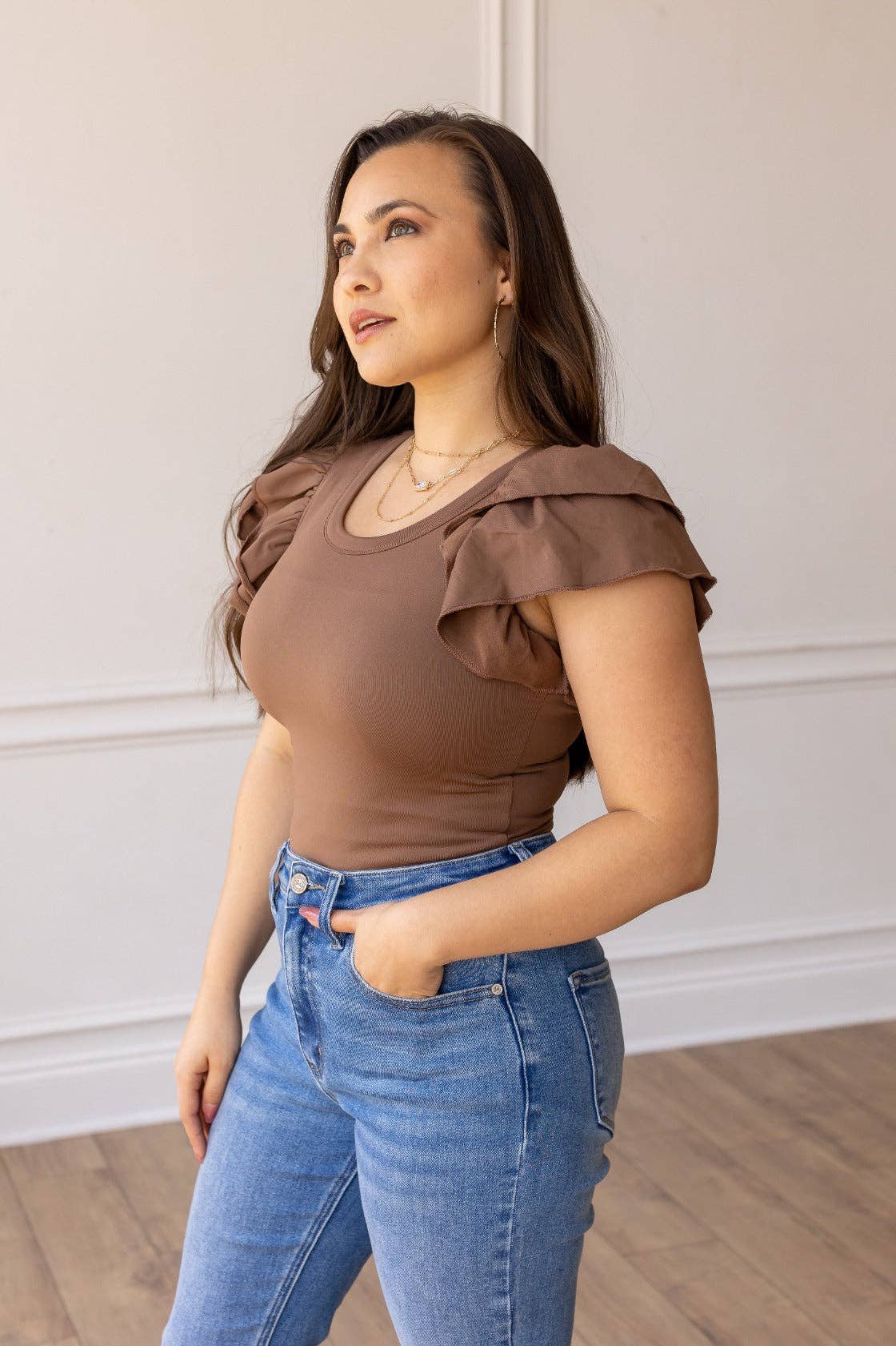 The Eloise Ruffle Sleeve Bodysuit, Brown for wholesale on Faire1