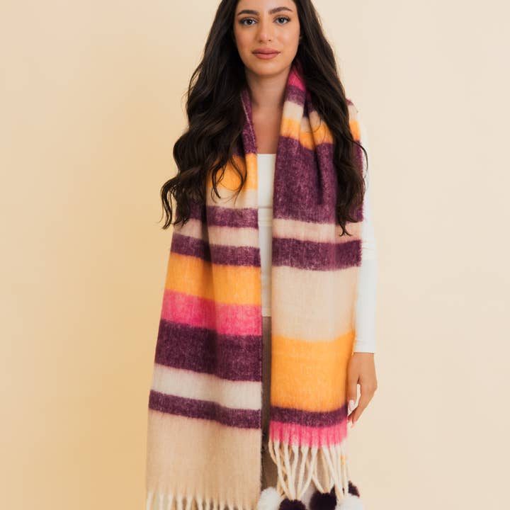Leto Accessories - Wholesale Scarf - Women's - Contrast Color Stripes Chunky Pom Tassel Scarf0