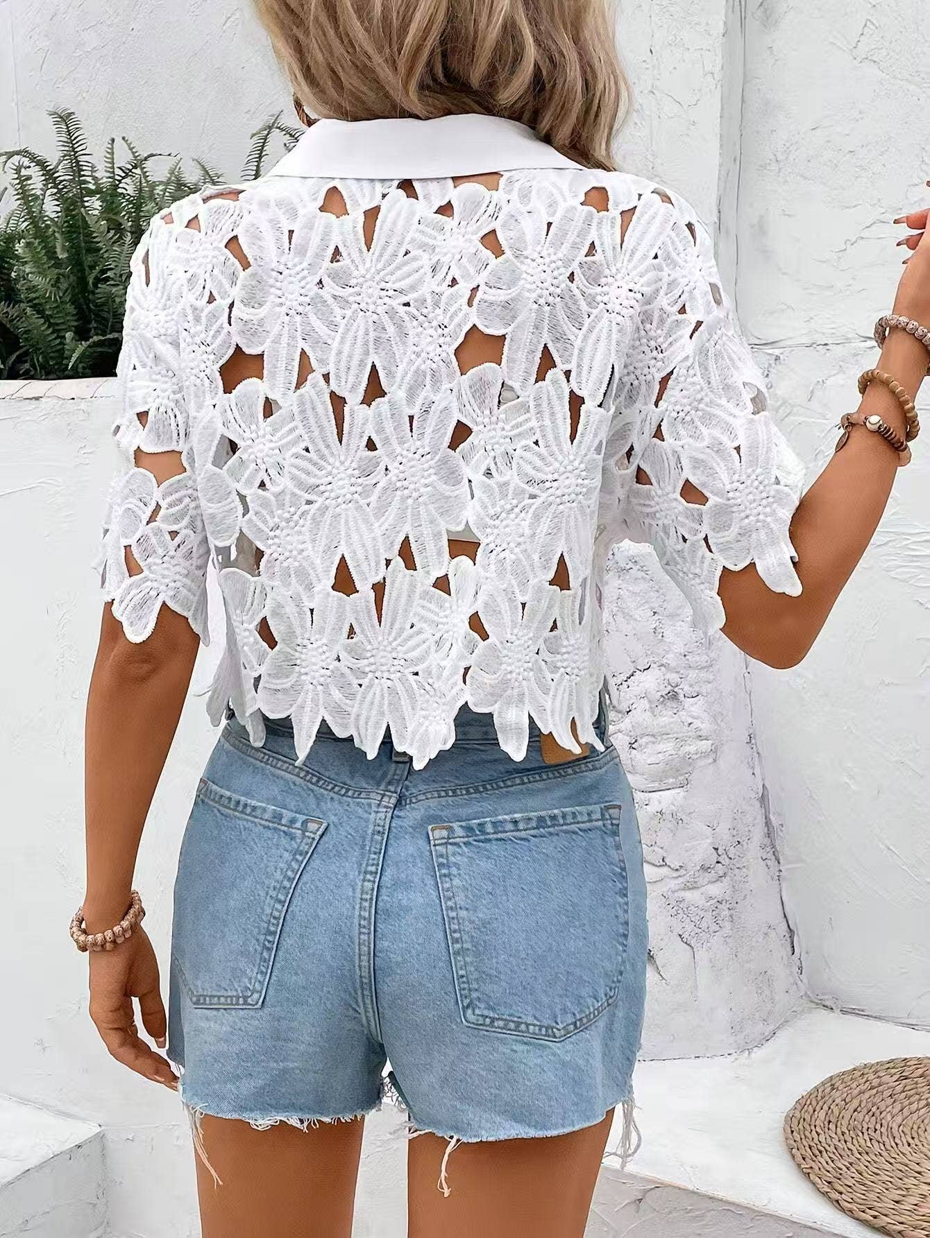White Cut-Out Cropped Lace Shirt for wholesale on Faire1