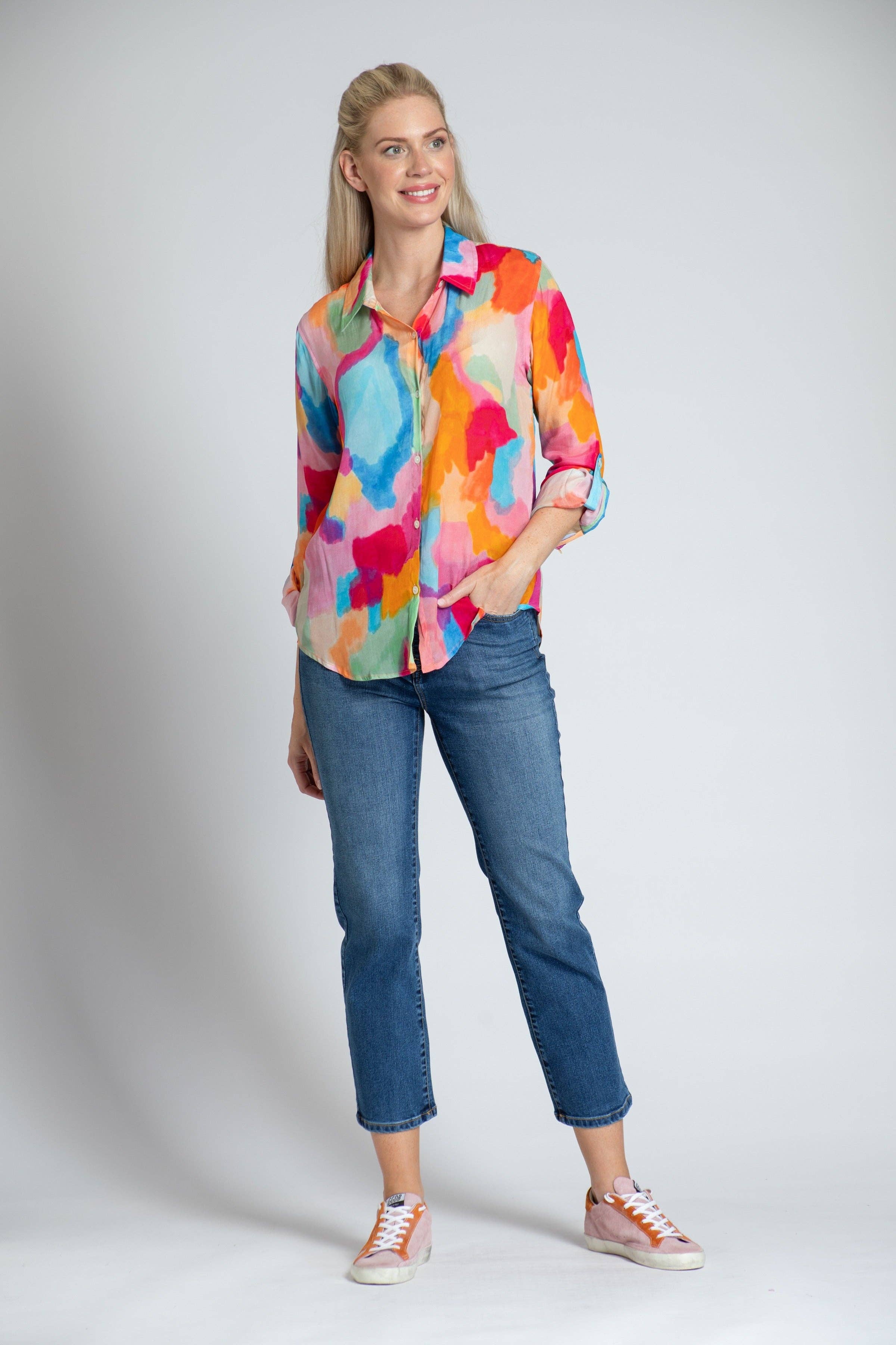 No Color Vibrant Abstract Print - Button-up With Roll-up Sleeve for wholesale on Faire3