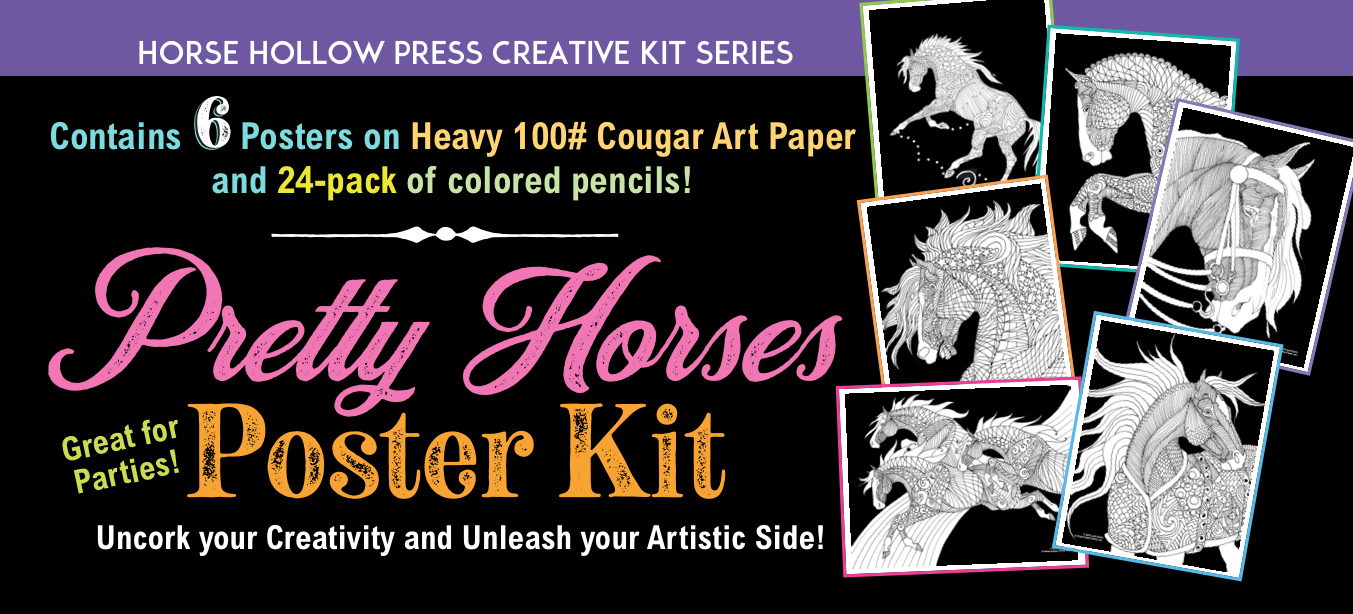 Horse Hollow Press / Pretty, Funny, Snarky Cards & Stickers - Wholesale Crafts, Hobbies & DIY Book - Pretty Horses Kit / 6 Drawings to Color / 24-Colored Pencils16