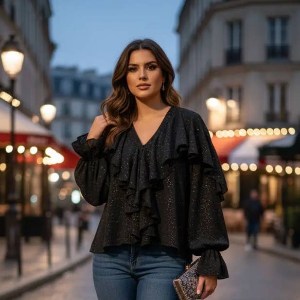 AACRFB Italian One Size Ruffled Sparkle Blouse LOOWIE for wholesale by LOOWIE