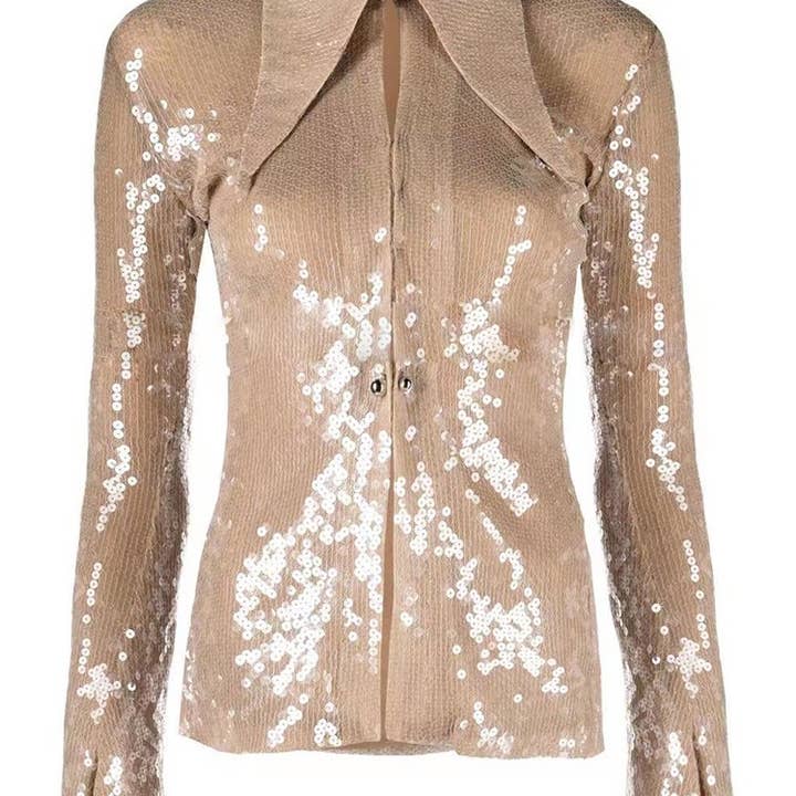 ST002 Glitrende paillettop i mesh med ærmer med slids og klokkeform for engroshandel hos Productseeker