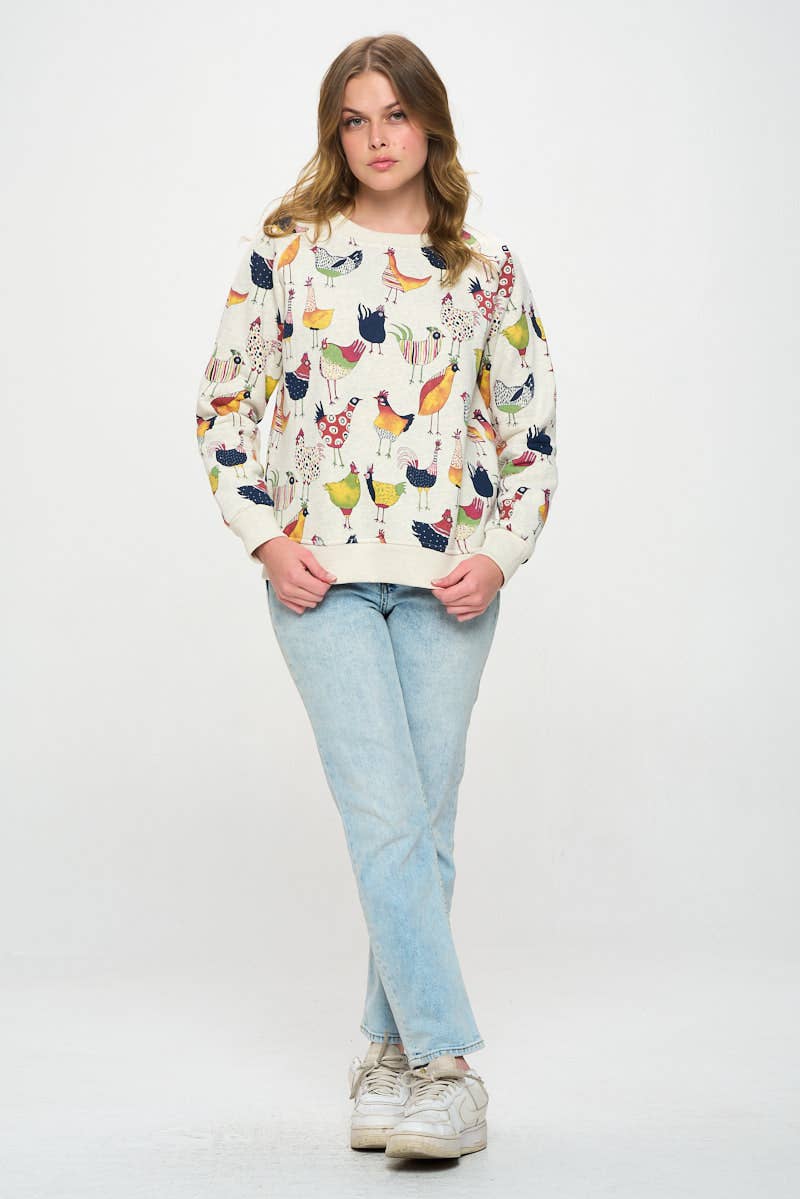 SM WARDROBE - Wholesale Sweatshirt - Women's - COLORFUL ROOSTER PRINT SWEATSHIRT1