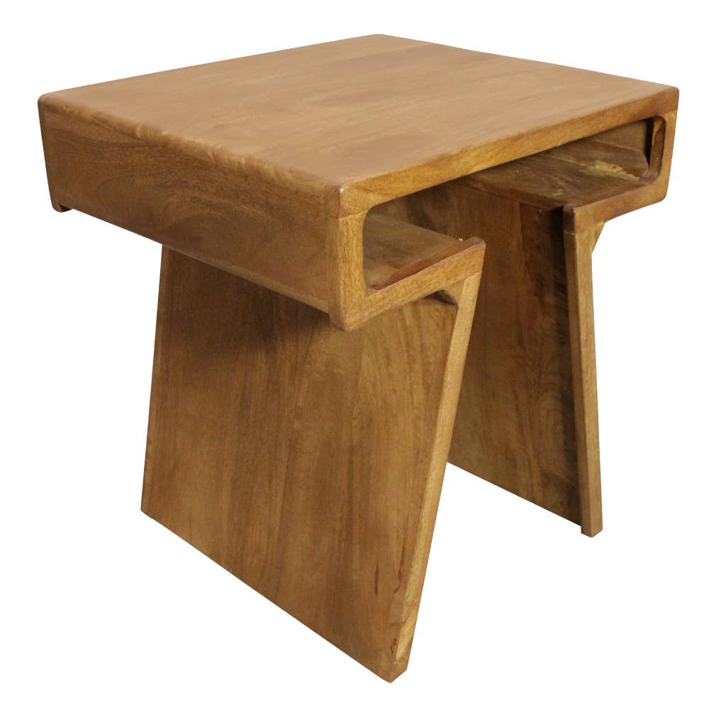 HomeRoots - Wholesale Side Table - Set of Two Walnut Distressed Solid Wood Pedestal Nested Tables4