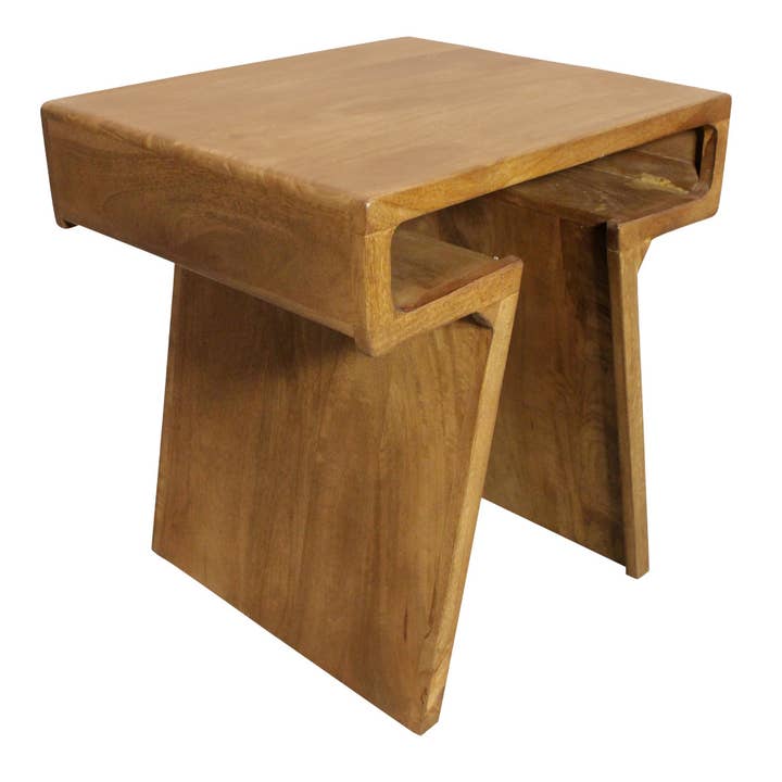 HomeRoots - Wholesale Side Table - Set of Two Walnut Distressed Solid Wood Pedestal Nested Tables4