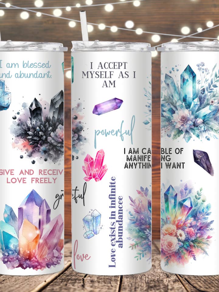 Affirmations and Crystals Stainless Steel Tumbler for wholesale by Eclectic Wallflower Boutique