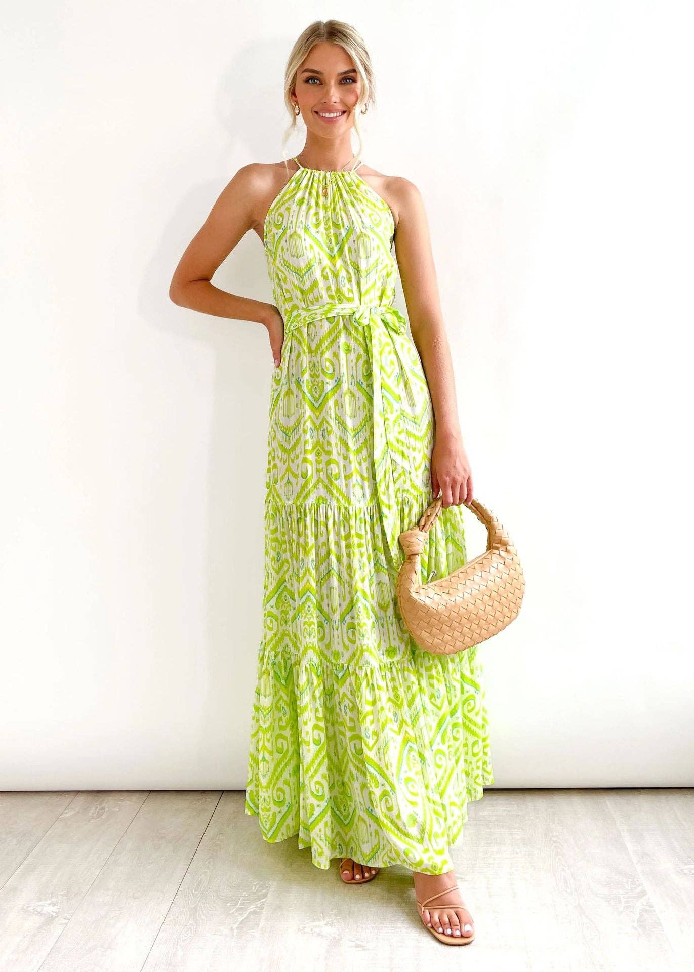 Green Ladies Strape Shoulder Argyle Print Daily Midi Dress 23278 for wholesale on Faire6