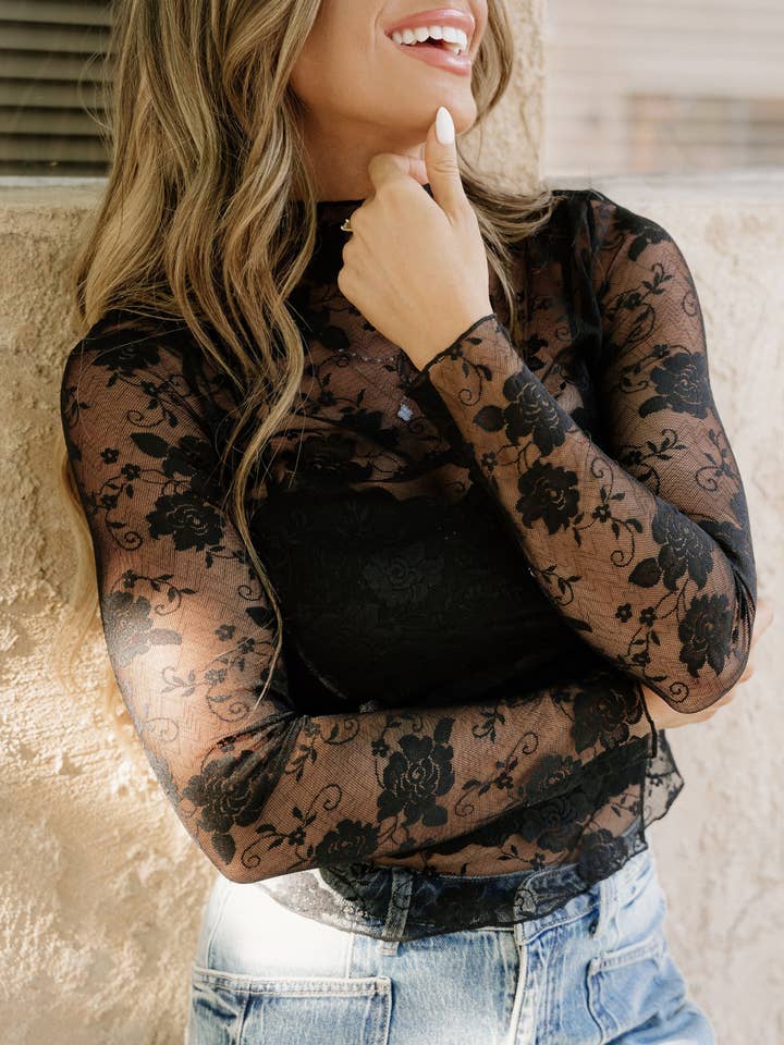 Black Mock Neck Floral Lace Mesh Long Sleeve Top - Black and other Purchase Wholesale mesh long sleeve top. Free Returns & Net 60 Terms on Faire trending on Faire.