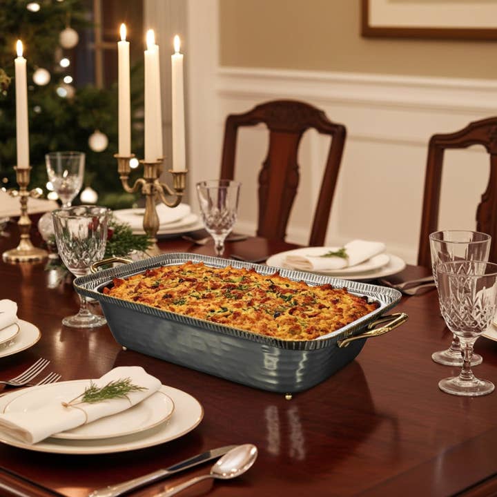 TAJ Designs - Wholesale Decorative Tray - TAJ Designs 9x13 Hammered Pan Holder With Gold Accent1