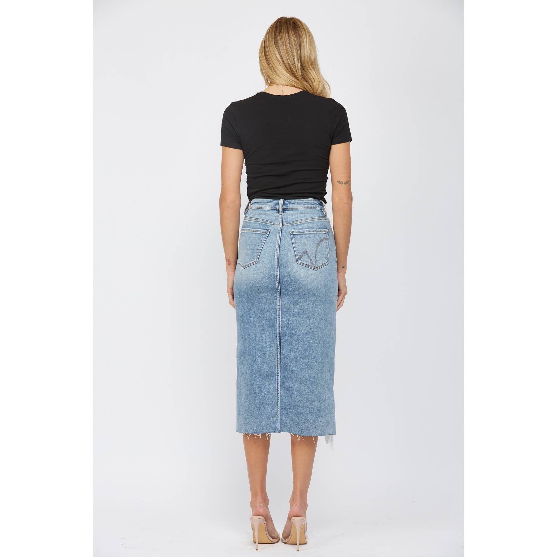 WILD BLUE HIGH WAISTED MIDI SKIRT WITH DISTRESSED for wholesale on Faire3